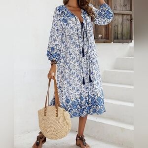 R.Vivimos Women's Long Sleeve Floral Print Retro VNeckTassel Bohemian Midi Dress